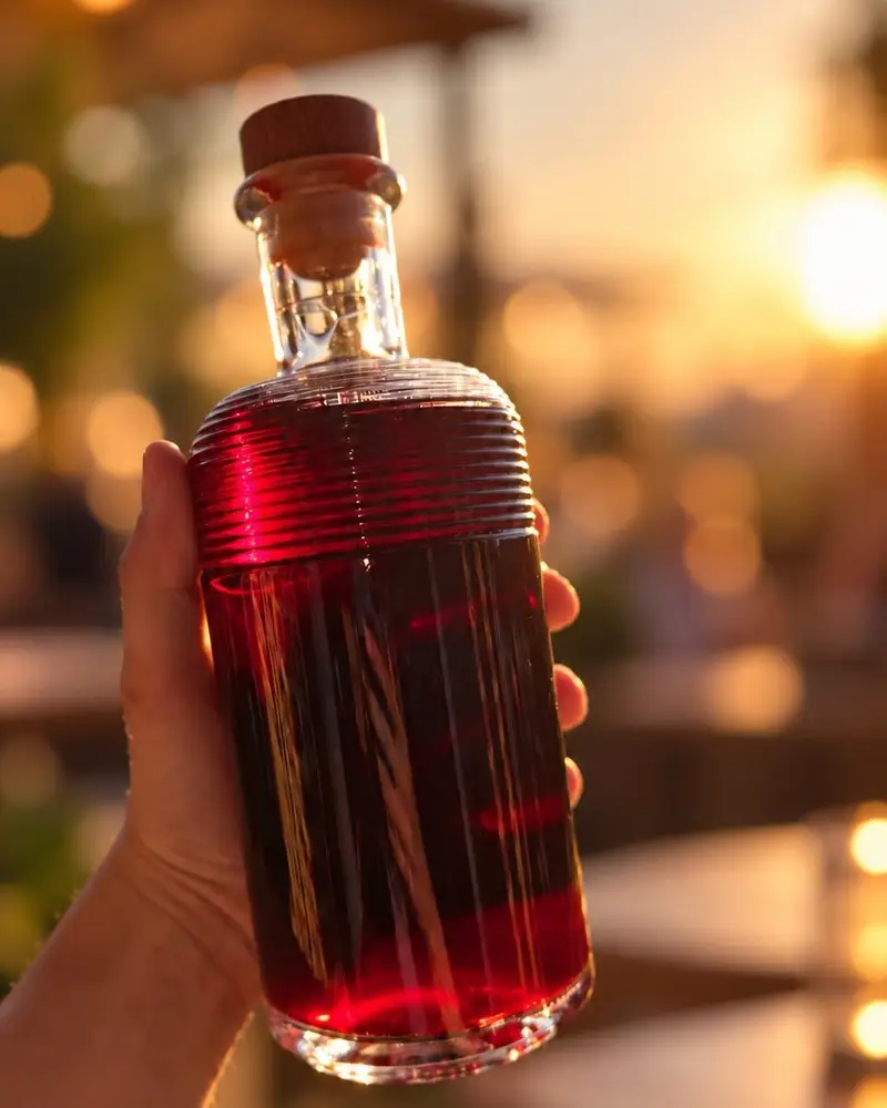 Bouteille Maison Rubini tenue à la main, terrasse au coucher du soleil