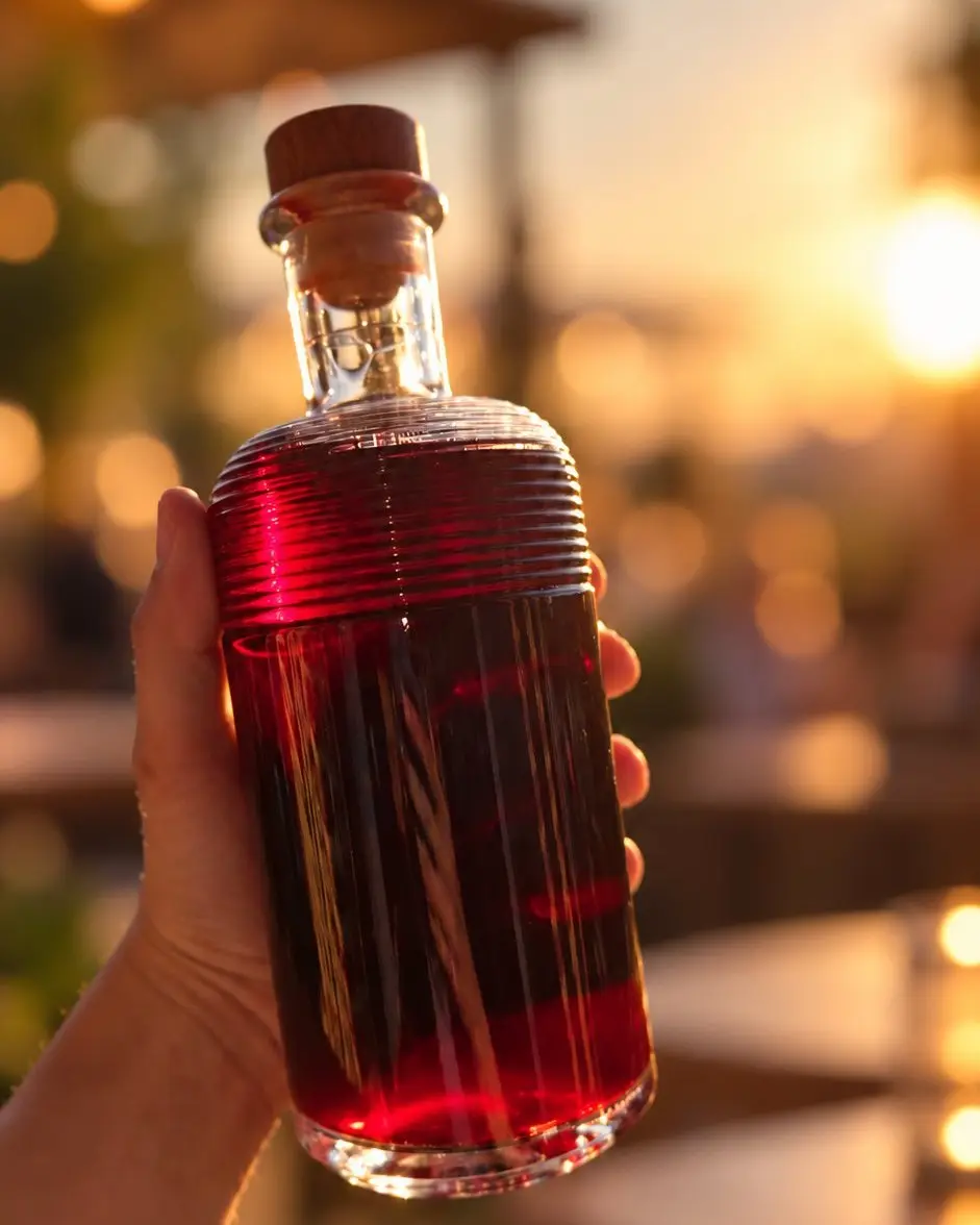 Bouteille Maison Rubini tenue à la main, terrasse au coucher du soleil